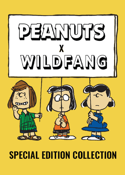 Yellow background with PEANUTS X WILDFANG logo and Peanuts characters with text underneath that reads The Special Edition Collection.