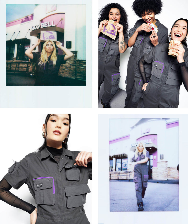 Collage of four images. Top left is polaroid image of Hayley Kiyoko in front of a Taco Bell holding a Taco Bell bag over her head wearing a coverall. The top right image shows 3 models wearing coveralls eating taco bell and smiling. Bottom left image shows close up of model wearing a coverall and holding the pocket flap. Bottom right image is polaroid of Hayley Kiyoko walking in front of a Taco Bell wearing the same coverall.