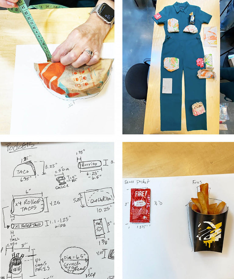 Collage of four images. Top left is close up of hand measuring circumference of Taco Bell taco. Top right shows coverall laying on table from above with taco bell menu items on top. Bottom left image shows notes and measurements of Taco Bell menu items written on white paper. Bottom right image is close up of Taco Bell hot sauce packet and fries on white paper with measurements written around them.