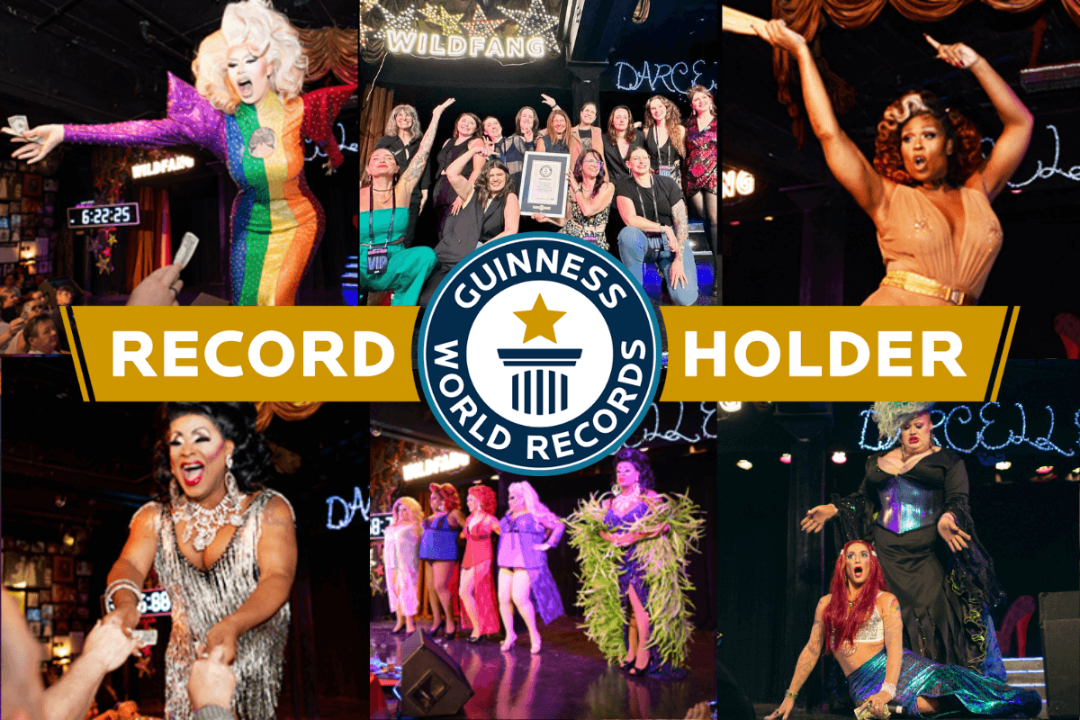 Collage of 6 images, 5 of which feature drag performances and one is a group photo. Logo overlay on image reads GUINNESS WORLD RECORDS RECORD HOLDER.