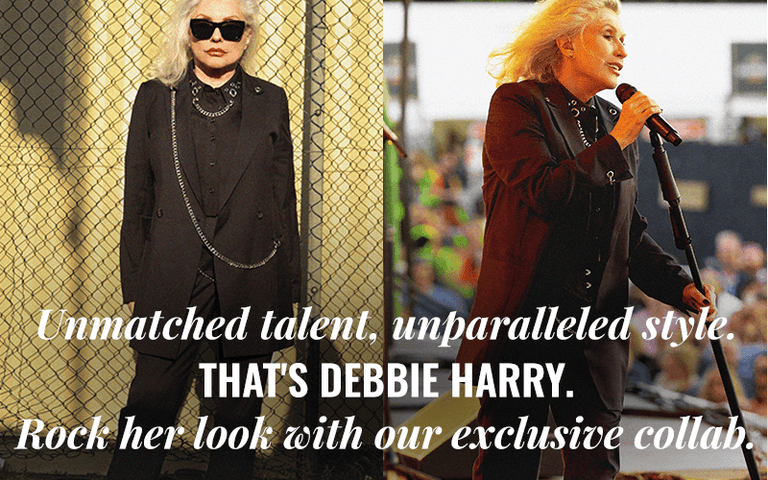 Collage of two images of Debbie Harry wearing the Debbie Harry x Wildfang suit, one of her performing on stage and the other in front of chain link fence looking at camera wearing sunglasses. Text overlay says "Unmatched talent, unparalleled style. That's Debbie Harry. Rock her look with our exclusive collab."