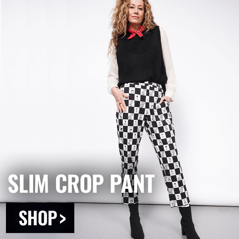 Person modeling the PEANUTS X WILDFANG Slim Crop Pant with overlay text that reads SLIM CROP PANT and button that reads SHOP.