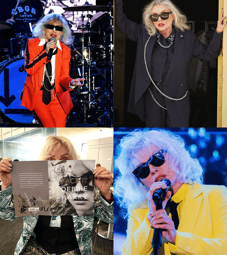 Grid of 4 images of Debbie Harry performing and posing wearing Wildfang suiting pieces.