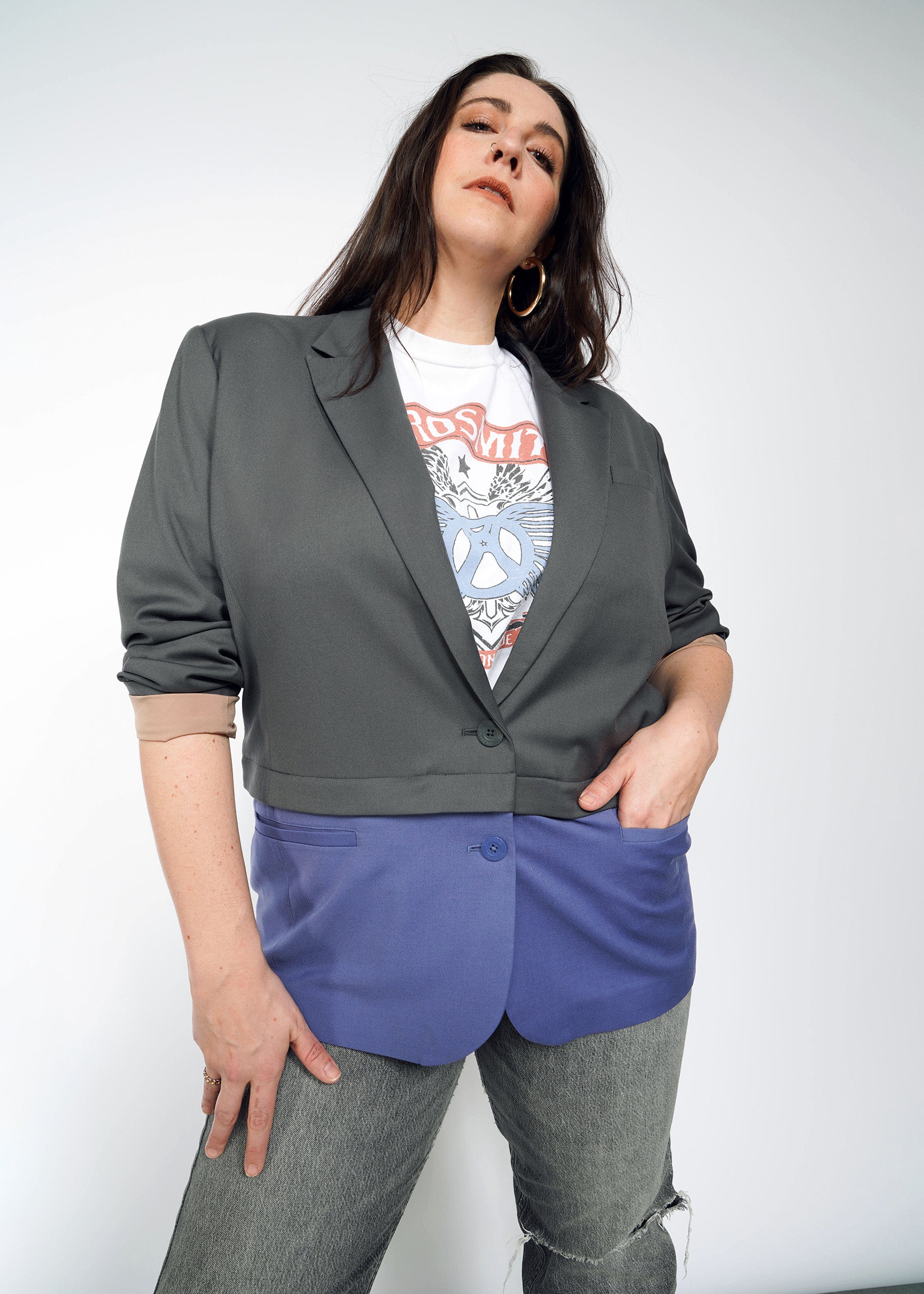 The Empower Cropped Convertible Blazer in Charcoal/Blueberry