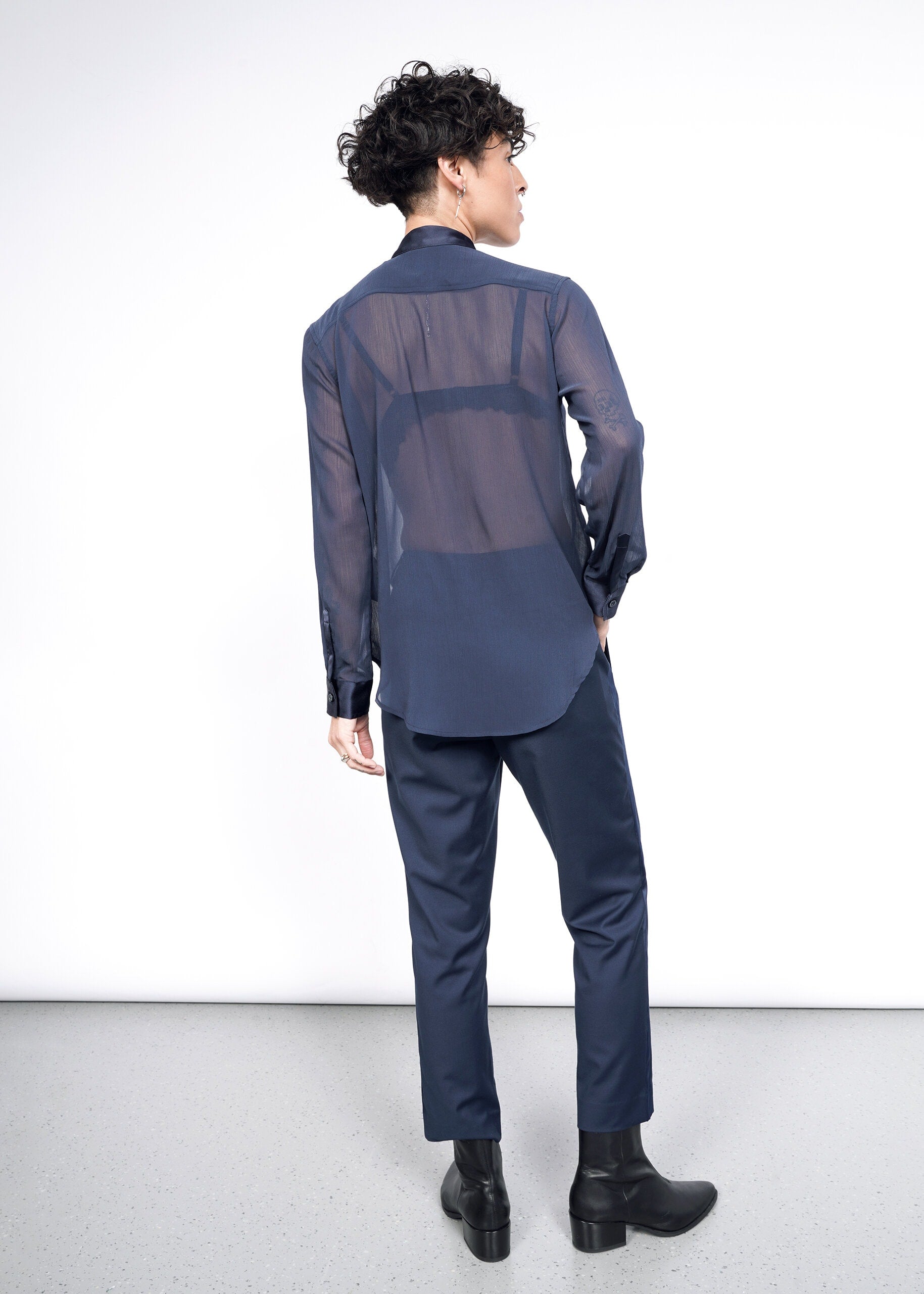 The Empower Sheer Long Sleeve Tuxedo Button Up in Navy