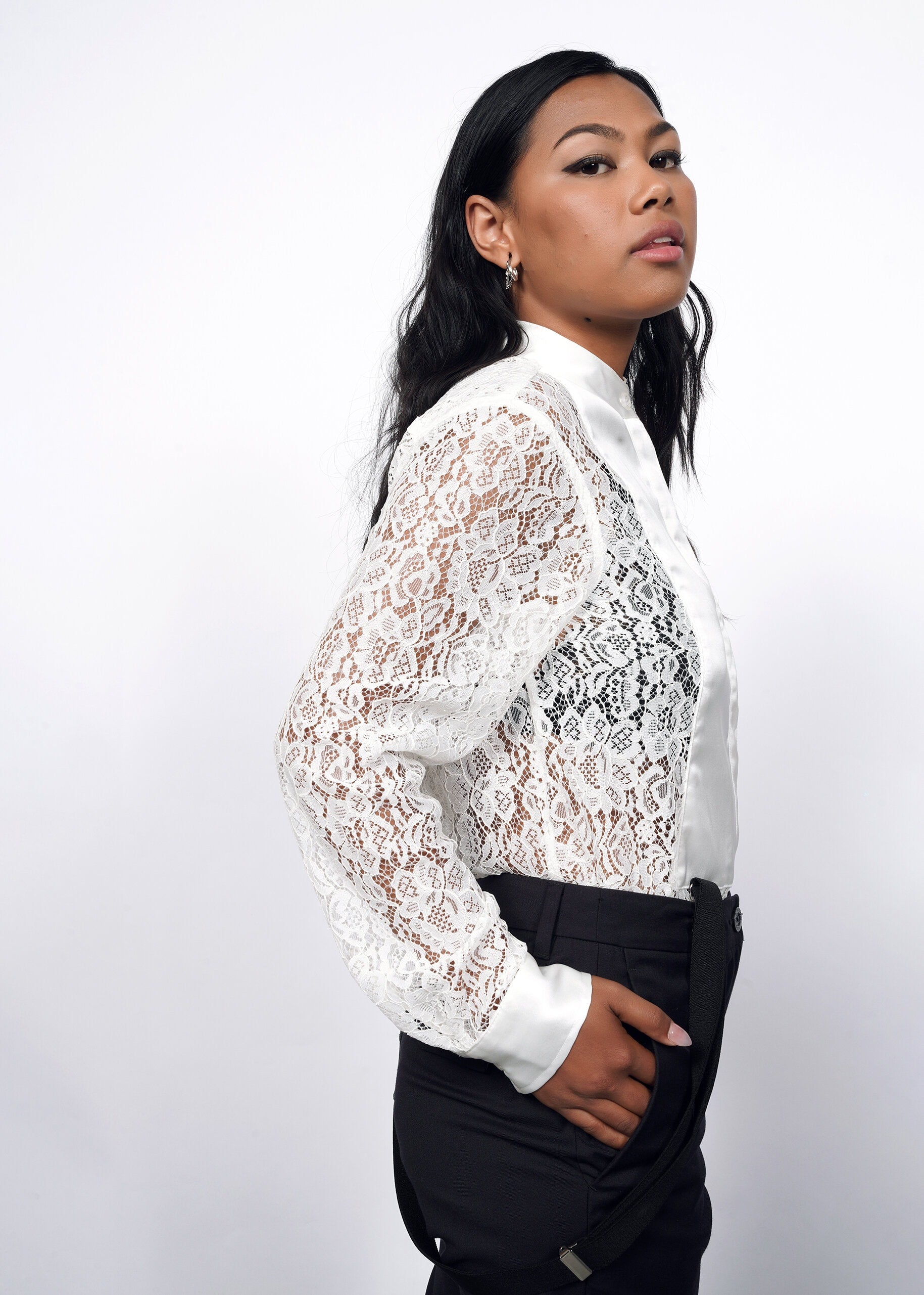 Model wearing The Empower Lace Long Sleeve Tuxedo Button Up in White