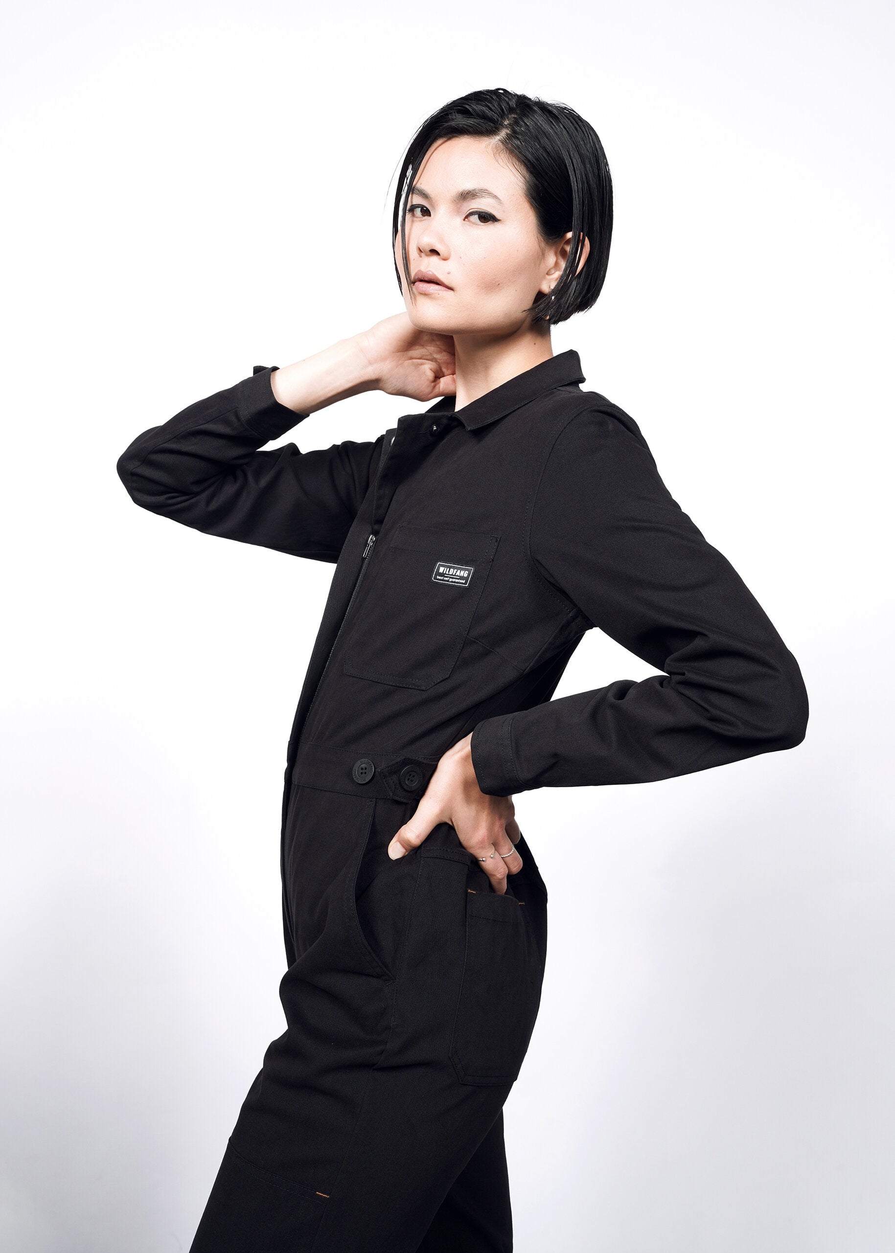 Model wearing The Essential Long Sleeve High Waisted Coverall in Black