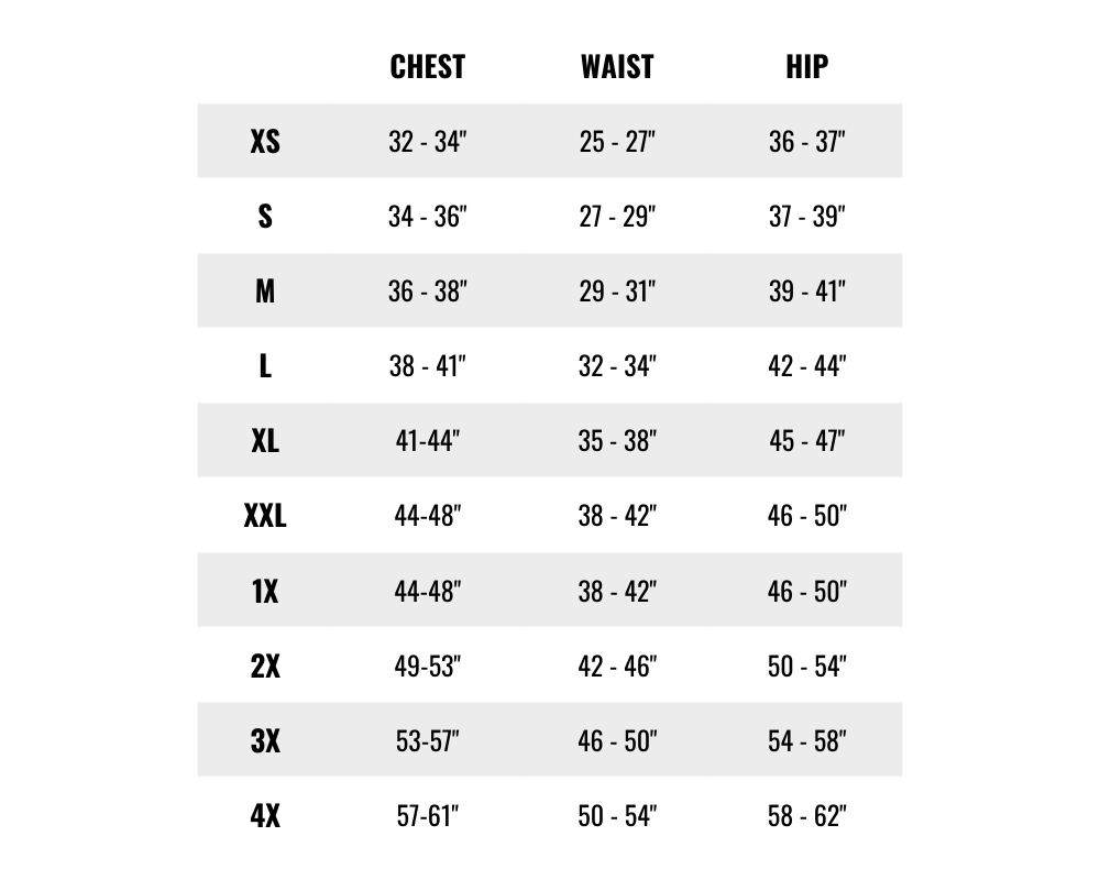 Size chart table on white background shows chest, waist, and hip measurements for sizes XS-4X.