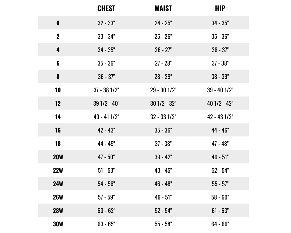 Size chart table on white background shows chest, waist, and hip measurements for sizes 0-30W.